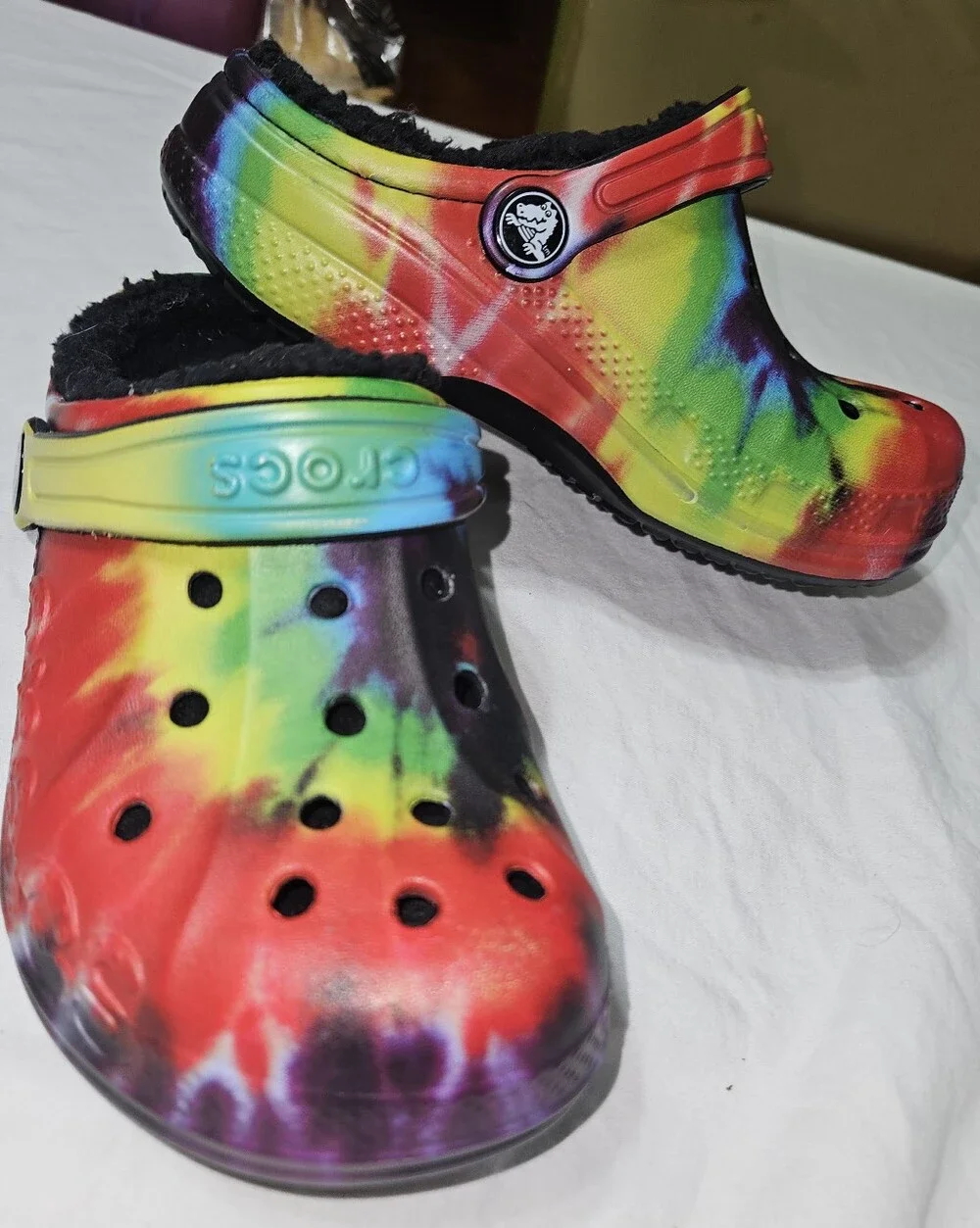 CROCS Kids Tie-Dye Rainbow Fuzz Lined Clogs